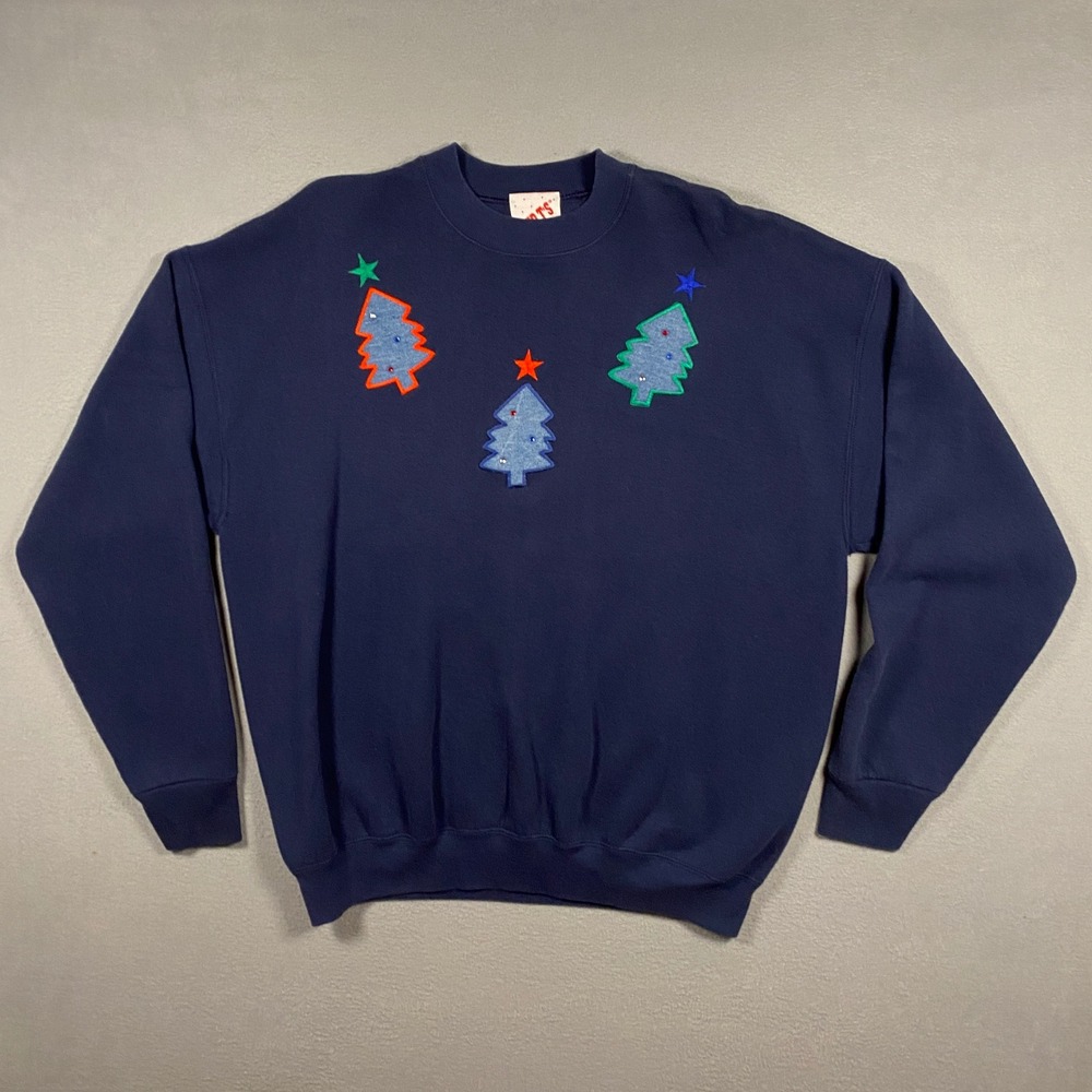 Vintage 90s Fruit of the‎ Loom Sweatshirt XL Christmas Trees USA Made